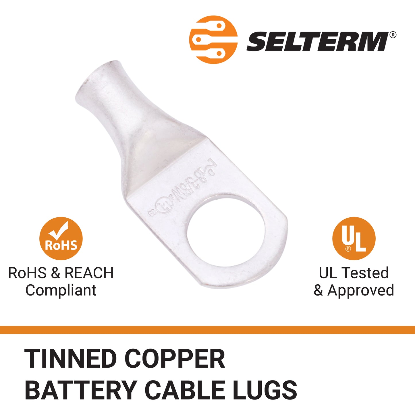 8 AWG (8 Gauge) 3/8" Stud, Tinned Copper Battery Cable Ends, Wire Lugs, Marine Grade, MD0838PW