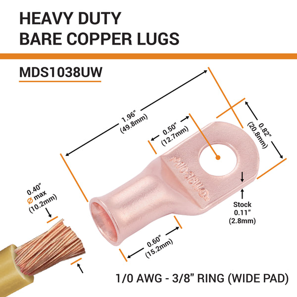 1/0 AWG, 3/8" Stud, (Wide Pad) Bare Copper Battery Cable Ends, Wire Lugs, Heavy Duty, MD1038UW - 2