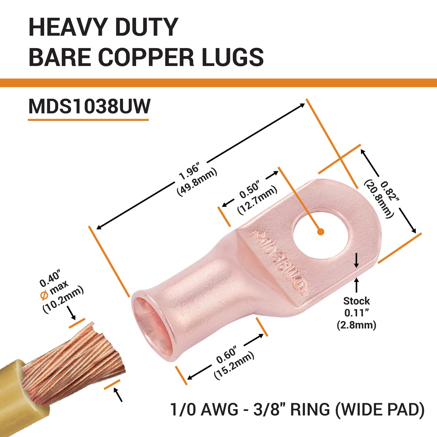1/0 AWG (0 Gauge) 3/8" Stud, (Wide Pad) Bare Copper Battery Cable Ends, Wire Lugs, Heavy Duty, MD1038UW