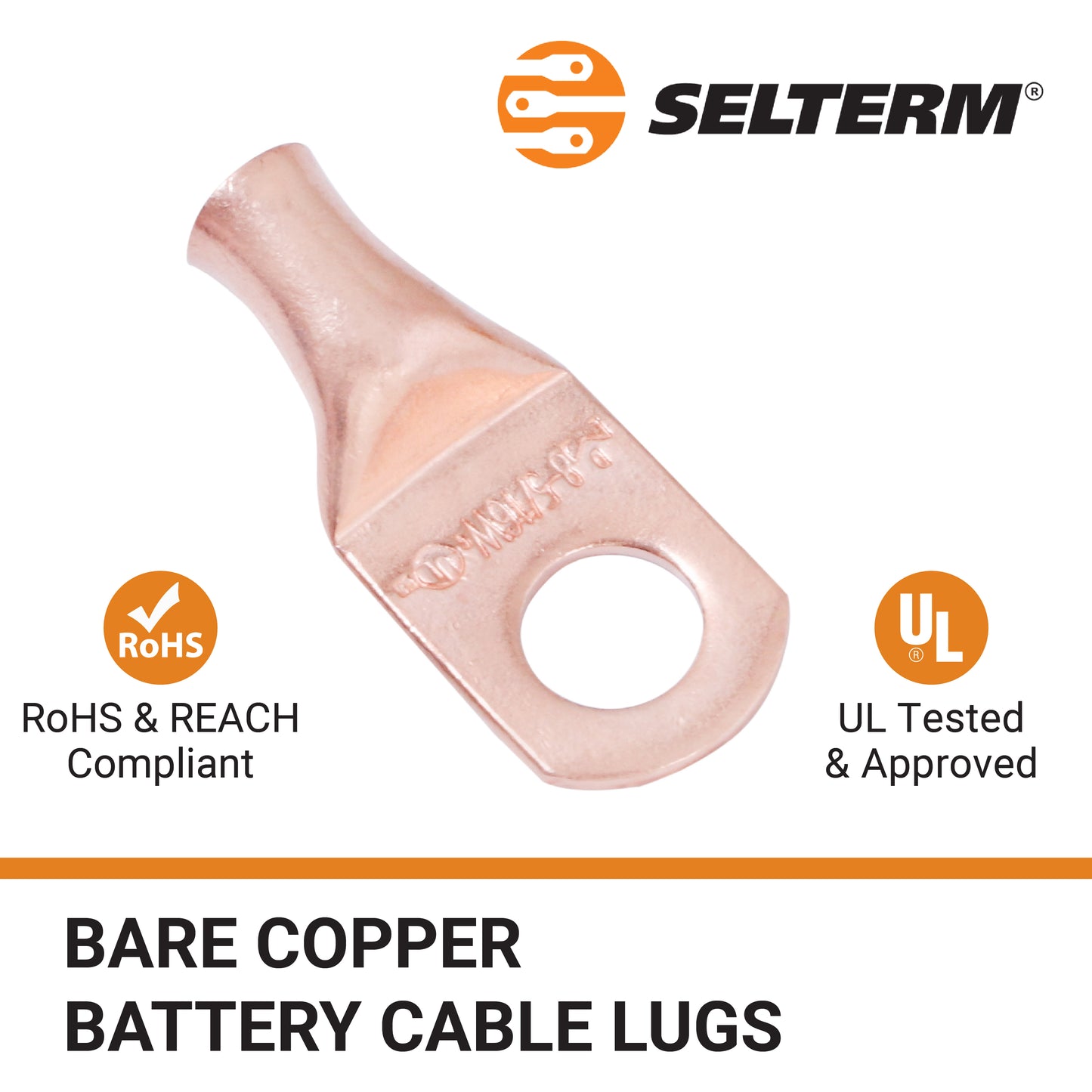 8 AWG (8 Gauge) 5/16" Stud, (Wide Pad) Bare Copper Battery Cable Ends, Wire Lugs, Heavy Duty, MD0856UW