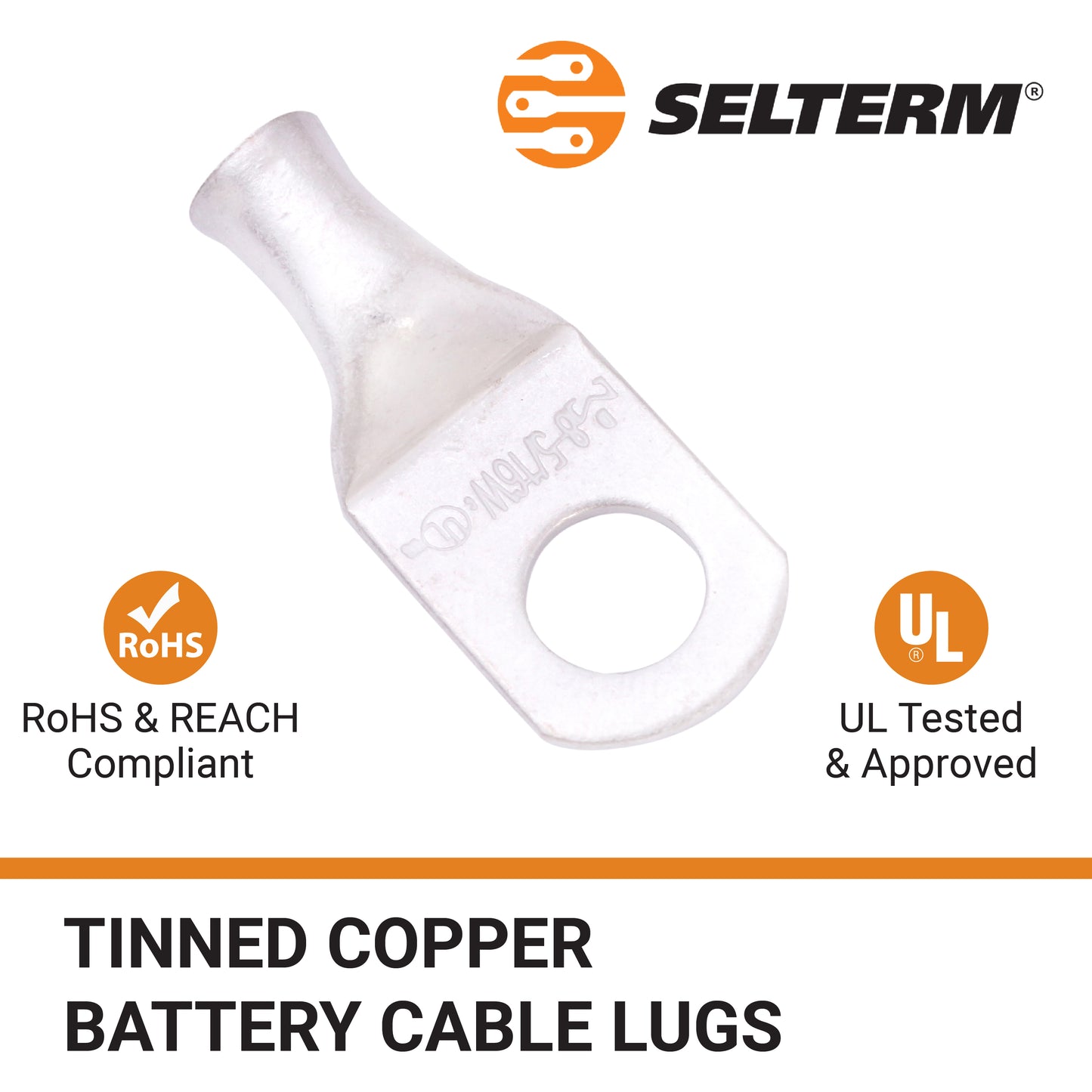 8 AWG (8 Gauge) 5/16" Stud, (Wide Pad) Tinned Copper Battery Cable Ends, Wire Lugs, Marine Grade, MD0856PW