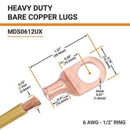 6 AWG (6 Gauge) 1/2" Stud, Bare Copper Battery Cable Ends, Wire Lugs, Heavy Duty, MD0612UX