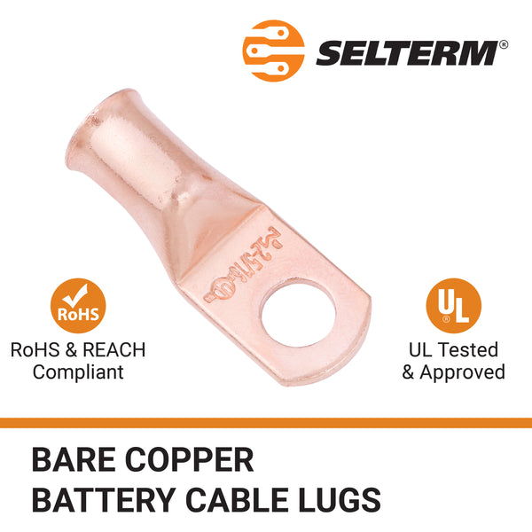 2 AWG, 5/16 Stud, Bare Copper Battery Cable Ends, Wire Lugs