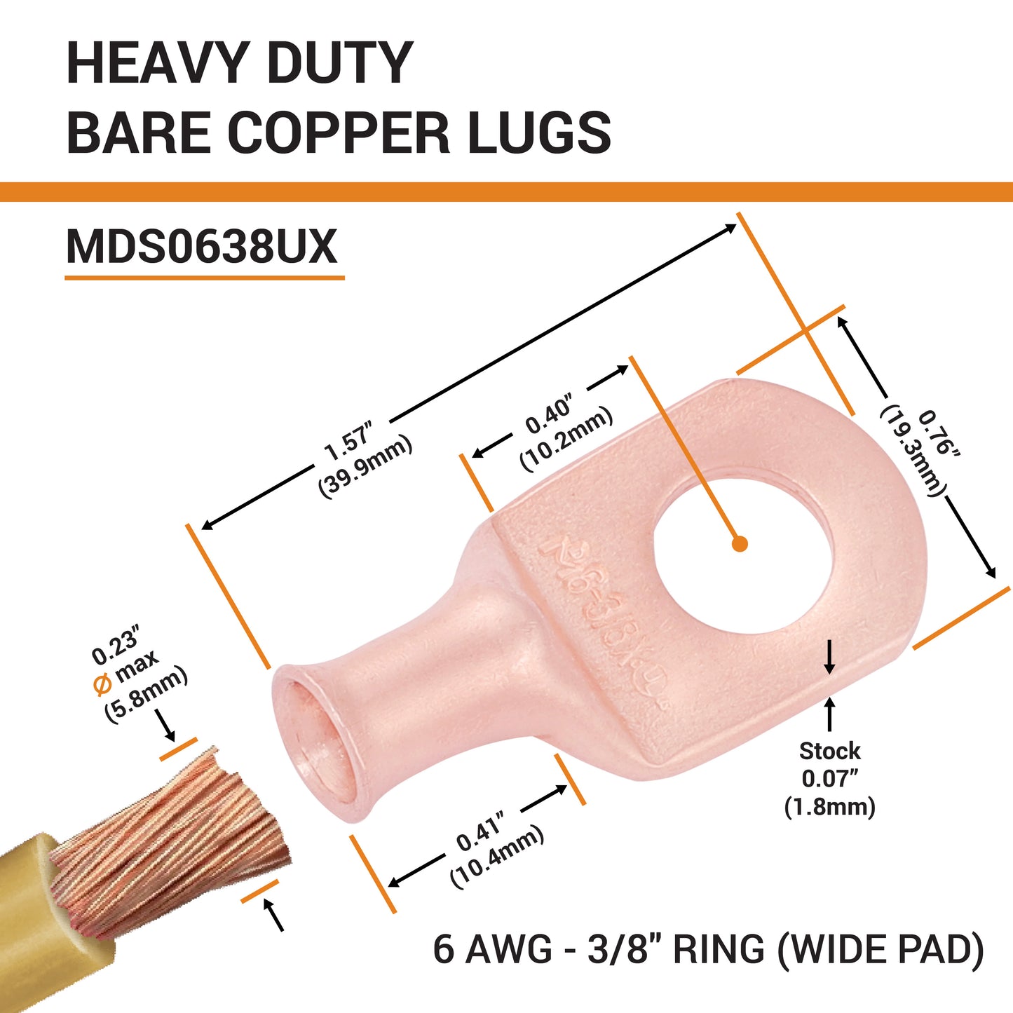 6 AWG (6 Gauge) 3/8" Stud, (Wide Pad) Bare Copper Battery Cable Ends, Wire Lugs, Heavy Duty, MD0638UX