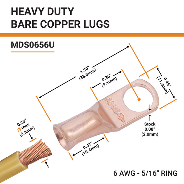6 AWG, 5/16" Stud, Bare Copper Battery Cable Ends, Wire Lugs, Heavy Duty, MD0656U - 2