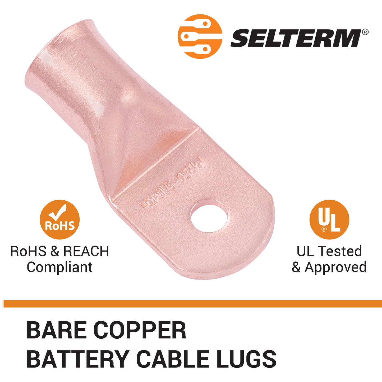 250 MCM, 5/16" Stud, Bare Copper Battery Cable Ends, Wire Lugs, Heavy Duty, MD25056U