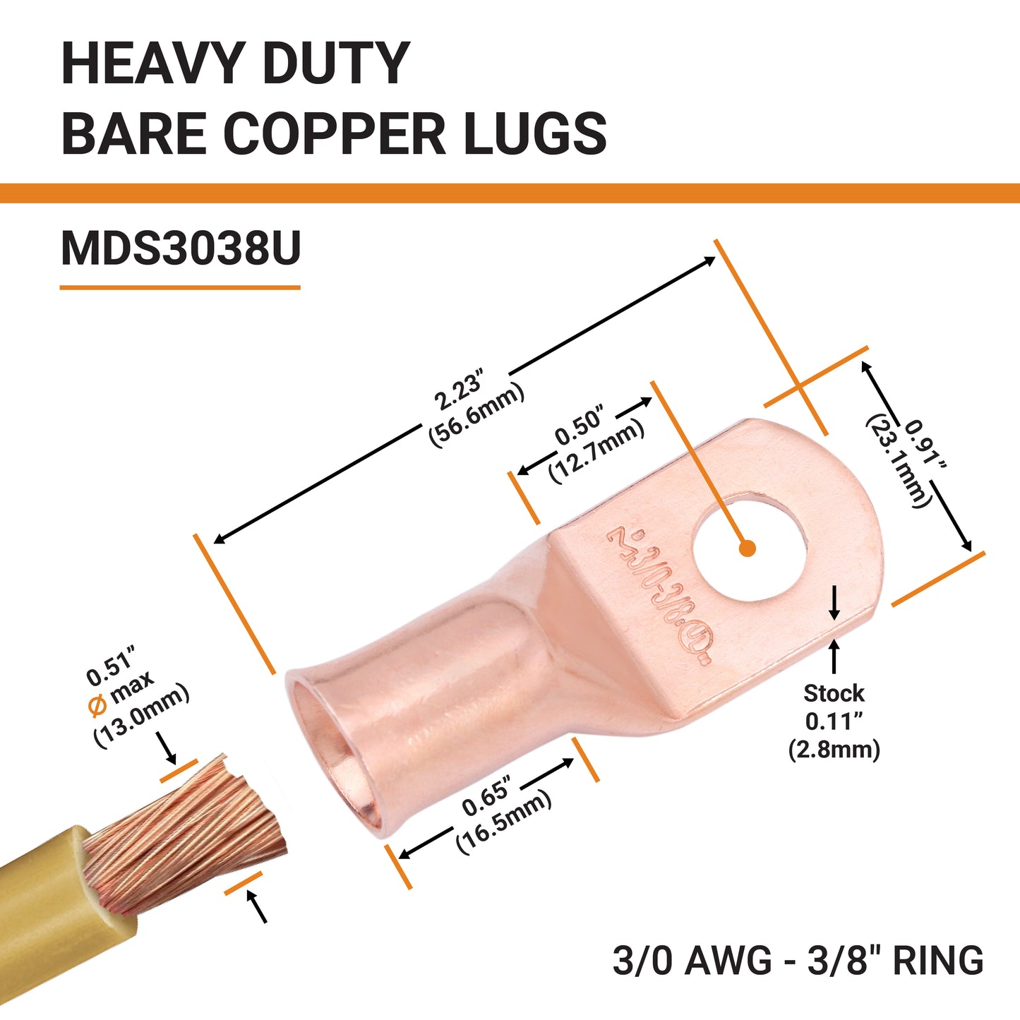 3/0 AWG (000 Gauge) 3/8" Stud, Bare Copper Battery Cable Ends, Wire Lugs, Heavy Duty, MD3038U