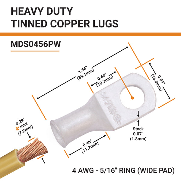 4 AWG, 5/16" Stud, (Wide Pad) Tinned Copper Battery Cable Ends, Wire Lugs, Marine Grade, MD0456PW - 2