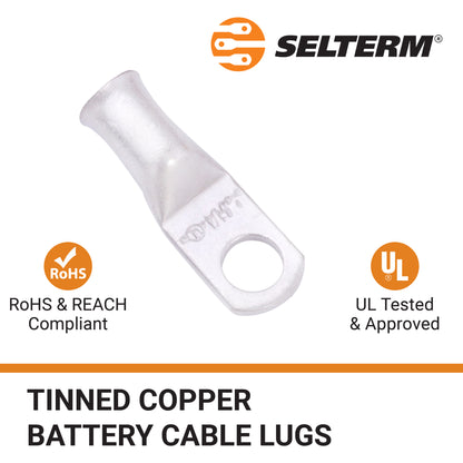 6 AWG (6 Gauge) 1/4" Stud, Tinned Copper Battery Cable Ends, Wire Lugs, Marine Grade, MD0614P
