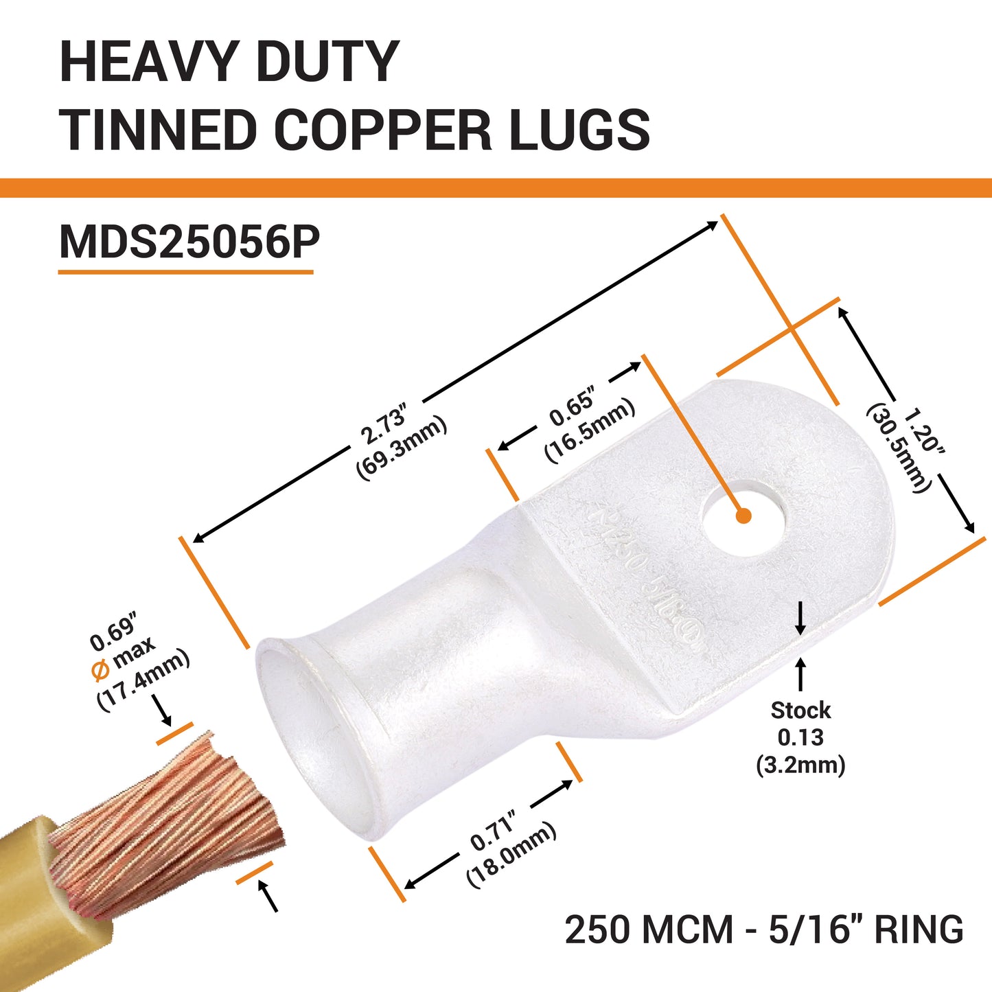 250 MCM, 5/16" Stud, Tinned Copper Battery Cable Ends, Wire Lugs, Marine Grade, MD25056P