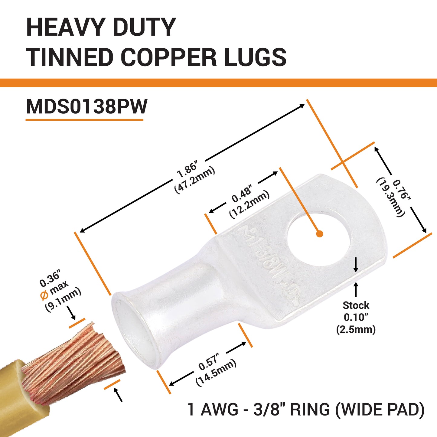 1AWG (1 Gauge) 3/8" Stud, (Wide Pad) Tinned Copper Battery Cable Ends, Wire Lugs, Marine Grade, MD0138PW