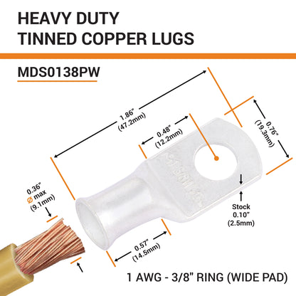 1AWG (1 Gauge) 3/8" Stud, (Wide Pad) Tinned Copper Battery Cable Ends, Wire Lugs, Marine Grade, MD0138PW