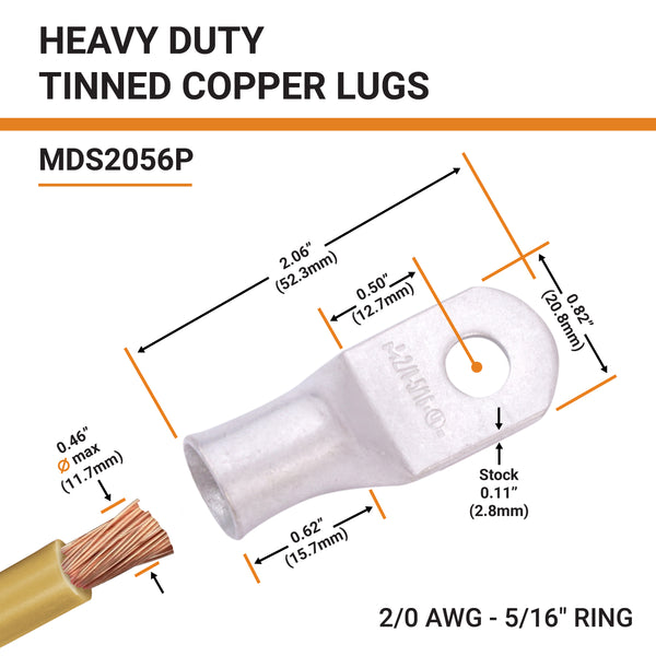 2/0 AWG, 5/16" Stud, Tinned Copper Battery Cable Ends, Wire Lugs, Marine Grade, MD2056P - 2