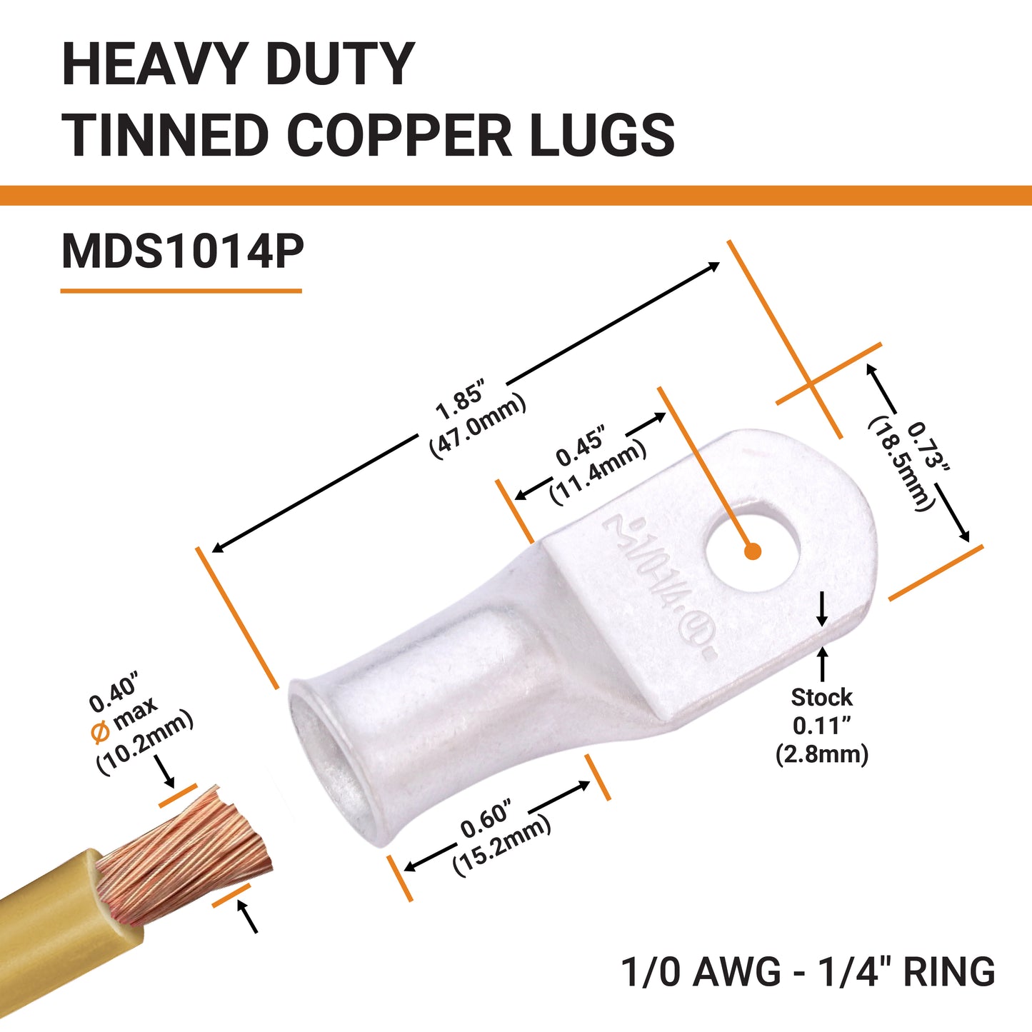 1/0 AWG (0 Gauge) 1/4" Stud, Tinned Copper Battery Cable Ends, Wire Lugs, Marine Grade, MD1014P