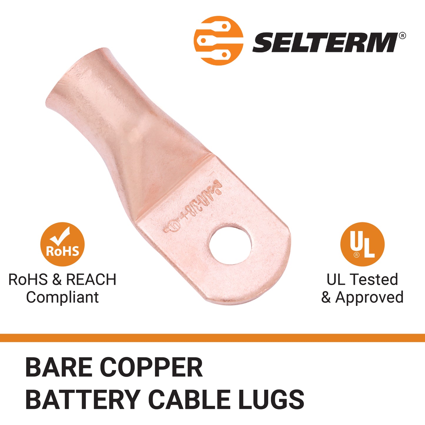 4/0 AWG (0000 Gauge) (XL), 3/8" Stud, Bare Copper Battery Cable Ends, Wire Lugs, Heavy Duty, MD4038UXL
