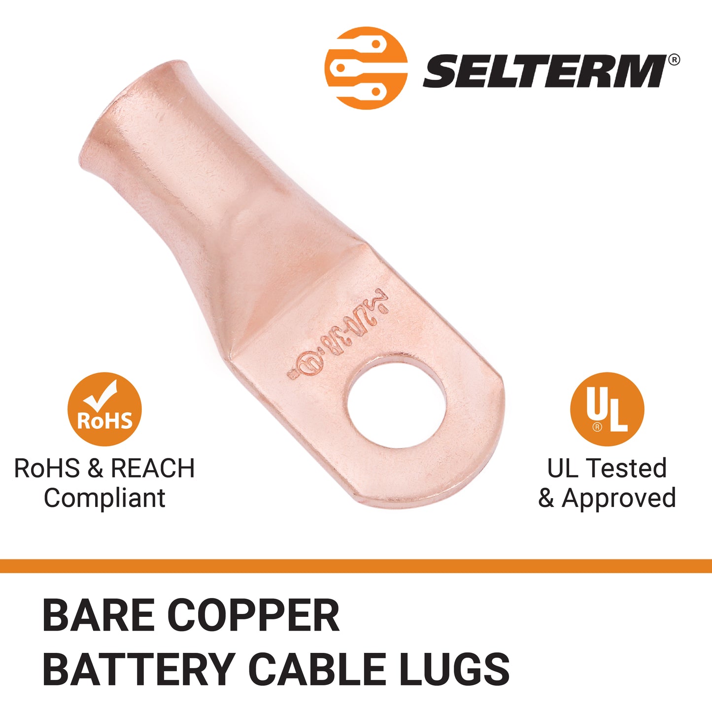 2/0 AWG (00 Gauge) 3/8" Stud, Bare Copper Battery Cable Ends, Wire Lugs, Heavy Duty, MD2038U