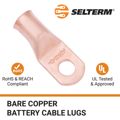2/0 AWG (00 Gauge) 3/8" Stud, Bare Copper Battery Cable Ends, Wire Lugs, Heavy Duty, MD2038U