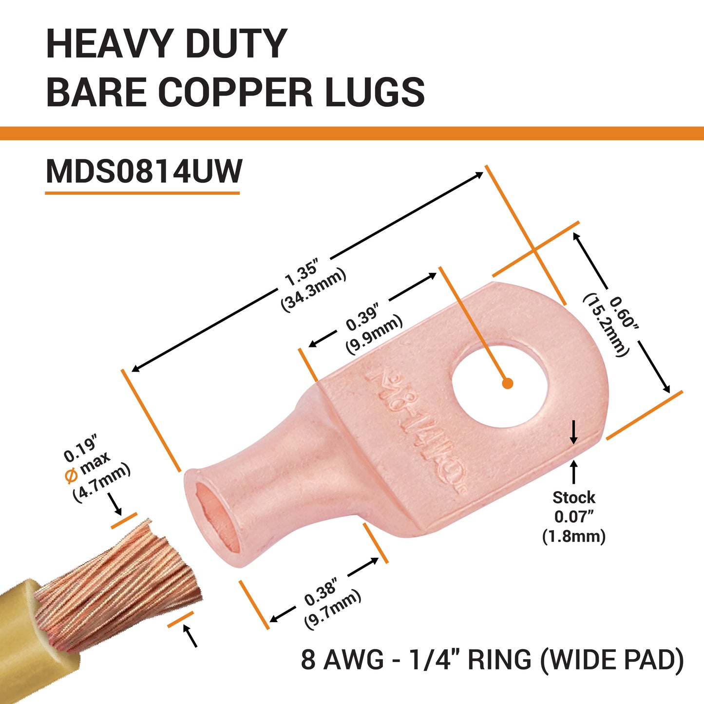 8 AWG (8 Gauge) 1/4" Stud, (Wide Pad) Bare Copper Battery Cable Ends, Wire Lugs, Heavy Duty, MD0814UW