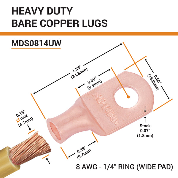 8 AWG, 1/4" Stud, (Wide Pad) Bare Copper Battery Cable Ends, Wire Lugs, Heavy Duty, MD0814UW - 2