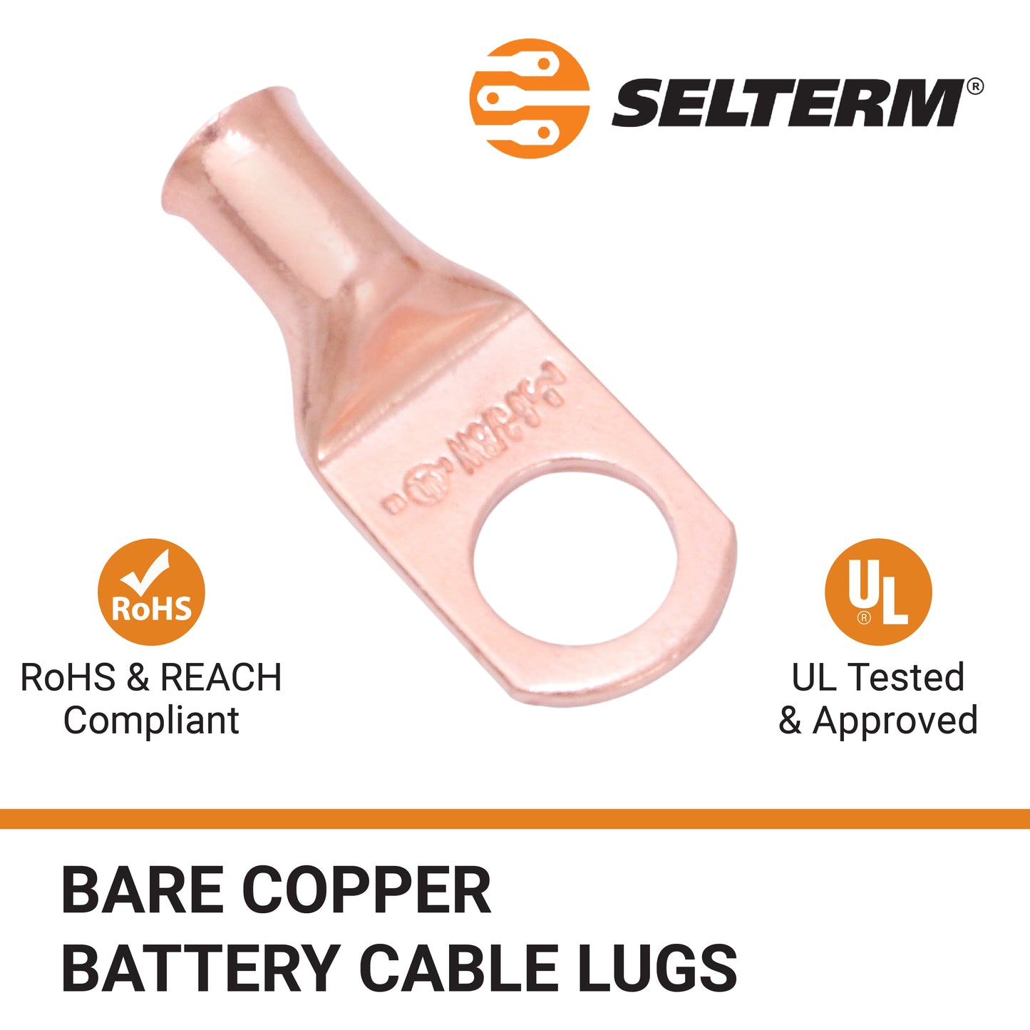 6 AWG (6 Gauge) 3/8" Stud, Bare Copper Battery Cable Ends, Wire Lugs, Heavy Duty, MD0638UW