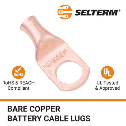 8 AWG (8 Gauge) 3/8" Stud, Bare Copper Battery Cable Ends, Wire Lugs, Heavy Duty, MD0838UW