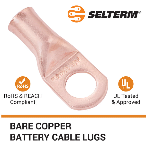 1/0 AWG, 1/2" Stud, (Wide Pad) Bare Copper Battery Cable Ends, Wire Lugs, Heavy Duty, MD1012UW - 3