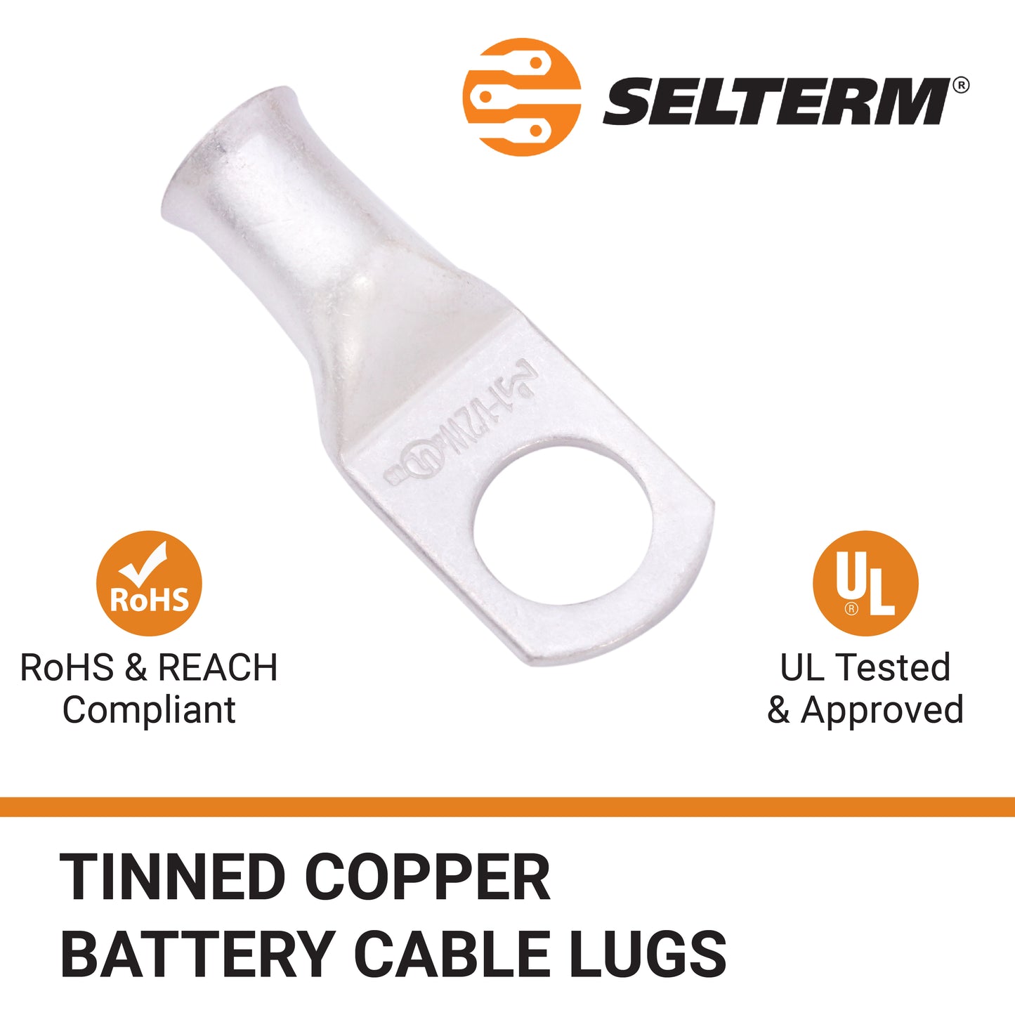 1AWG (1 Gauge) 1/2" Stud, Tinned Copper Battery Cable Ends, Wire Lugs, Marine Grade, MD0112PW