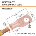 2 AWG, 3/8" Stud, (Wide Pad) Bare Copper Battery Cable Ends, Wire Lugs, Heavy Duty, MD0238UW - 2