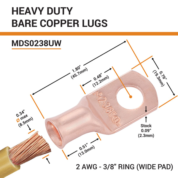 2 AWG, 3/8" Stud, (Wide Pad) Bare Copper Battery Cable Ends, Wire Lugs, Heavy Duty, MD0238UW - 2