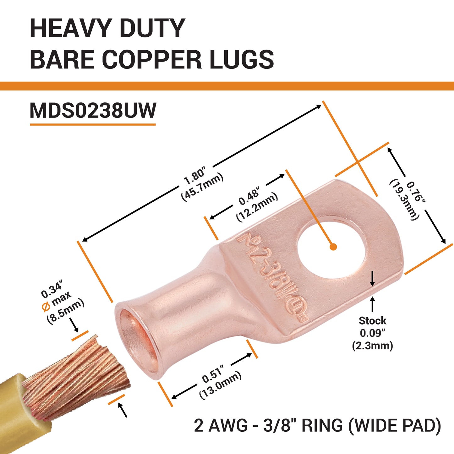 2 AWG (2 Gauge) 3/8" Stud, (Wide Pad) Bare Copper Battery Cable Ends, Wire Lugs, Heavy Duty, MD0238UW