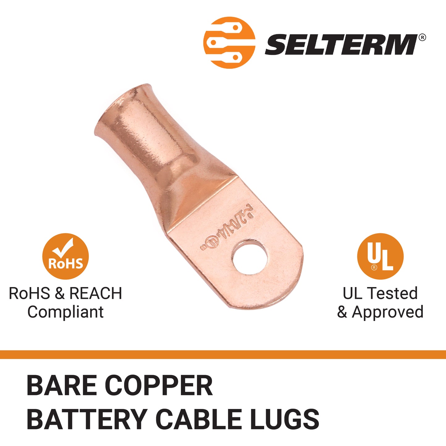2/0 AWG (00 Gauge) 1/4" Stud, Bare Copper Battery Cable Ends, Wire Lugs, Heavy Duty, MD2014U