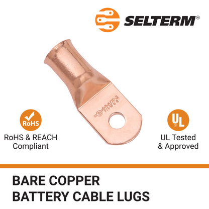 2/0 AWG (00 Gauge) 1/4" Stud, Bare Copper Battery Cable Ends, Wire Lugs, Heavy Duty, MD2014U