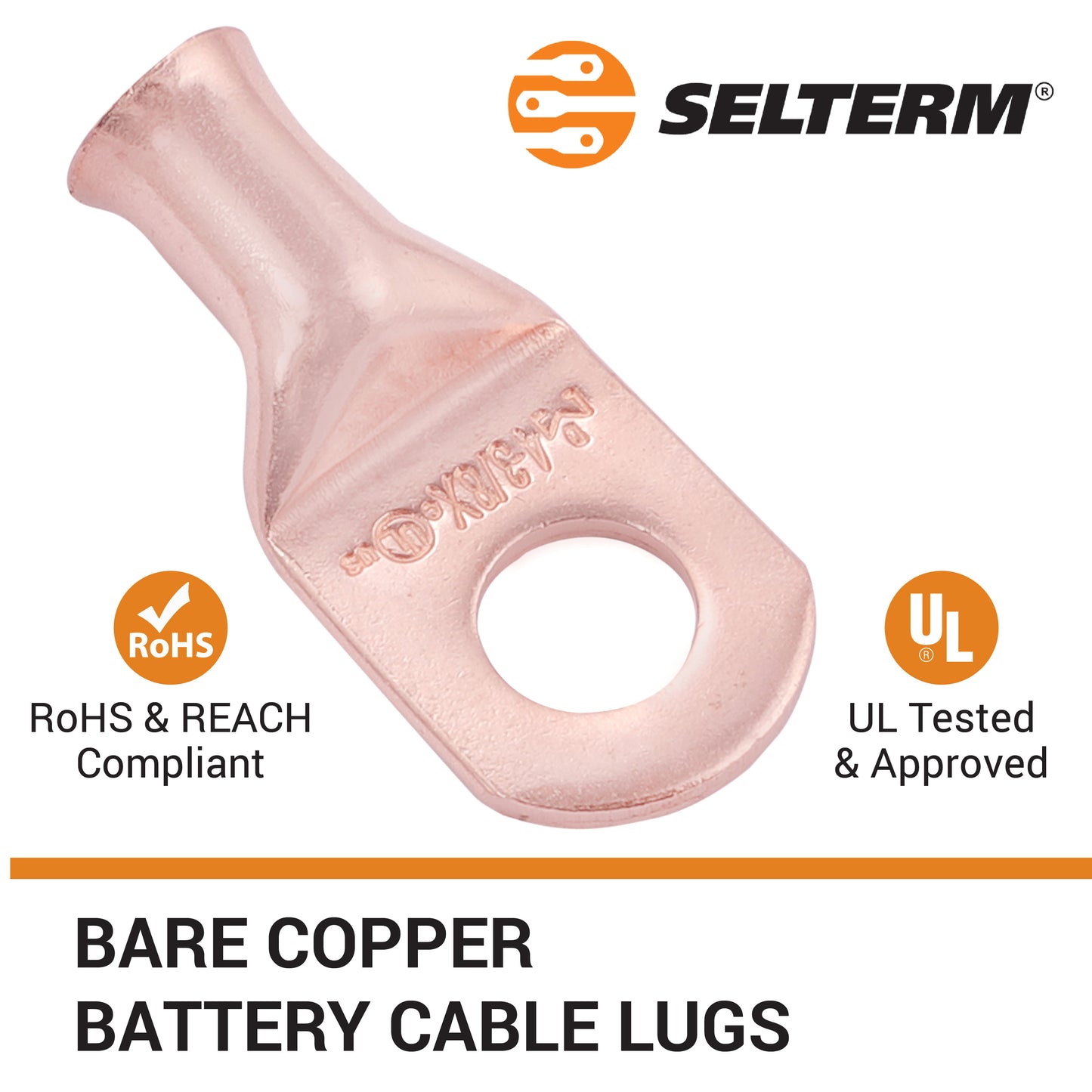 4 AWG (4 Gauge) 3/8" Stud, (X-Wide Pad) Bare Copper Battery Cable Ends, Wire Lugs, Heavy Duty, MD0438UX