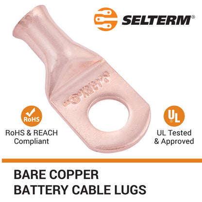 4 AWG (4 Gauge) 3/8" Stud, (X-Wide Pad) Bare Copper Battery Cable Ends, Wire Lugs, Heavy Duty, MD0438UX