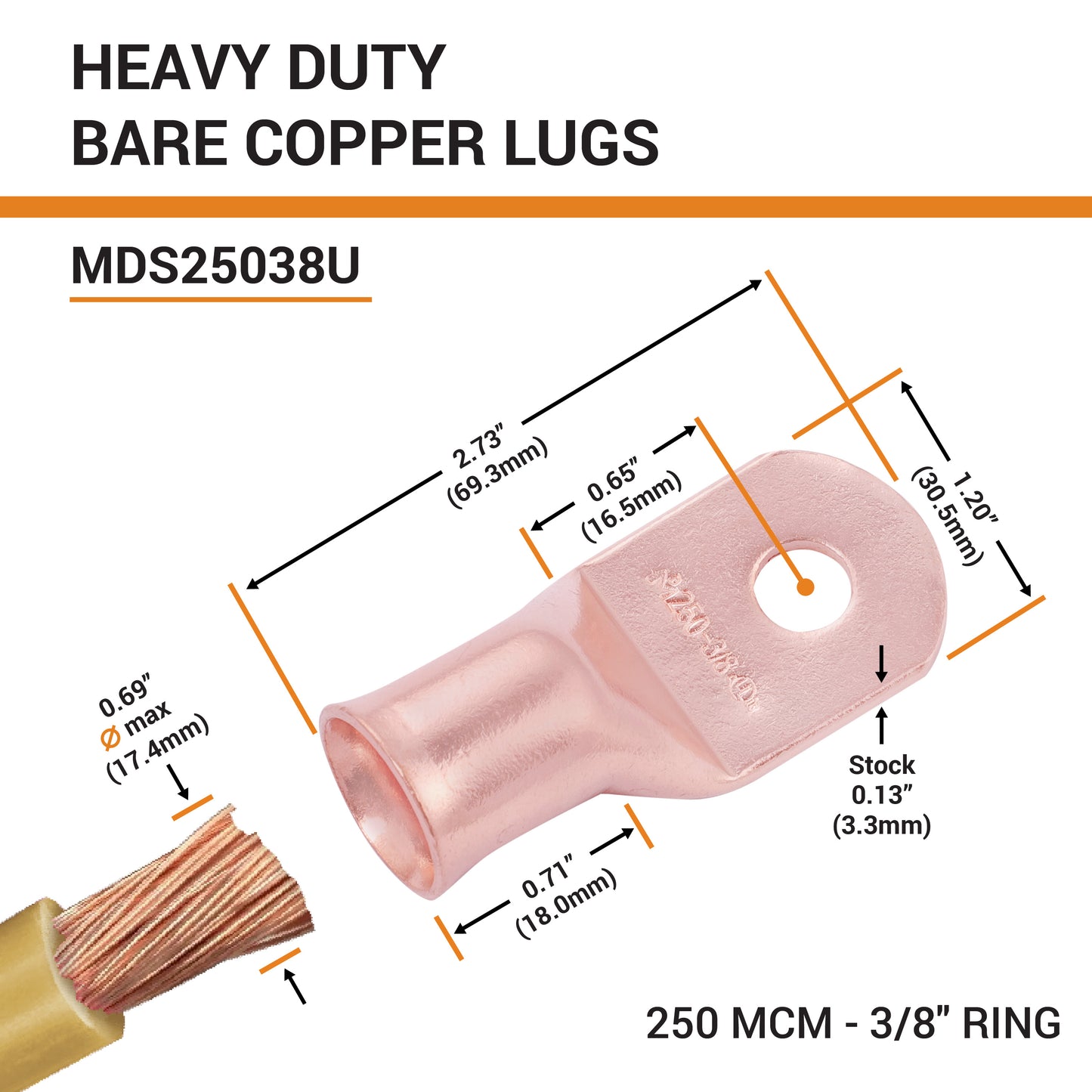 250 MCM, 3/8" Stud, Bare Copper Battery Cable Ends, Wire Lugs, Heavy Duty, MD25038U