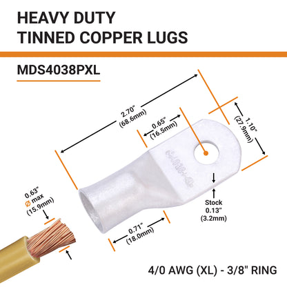 4/0 AWG (0000 Gauge) (XL), 3/8" Stud, Tinned Copper Battery Cable Ends, Wire Lugs, Marine Grade, MD4038PXL