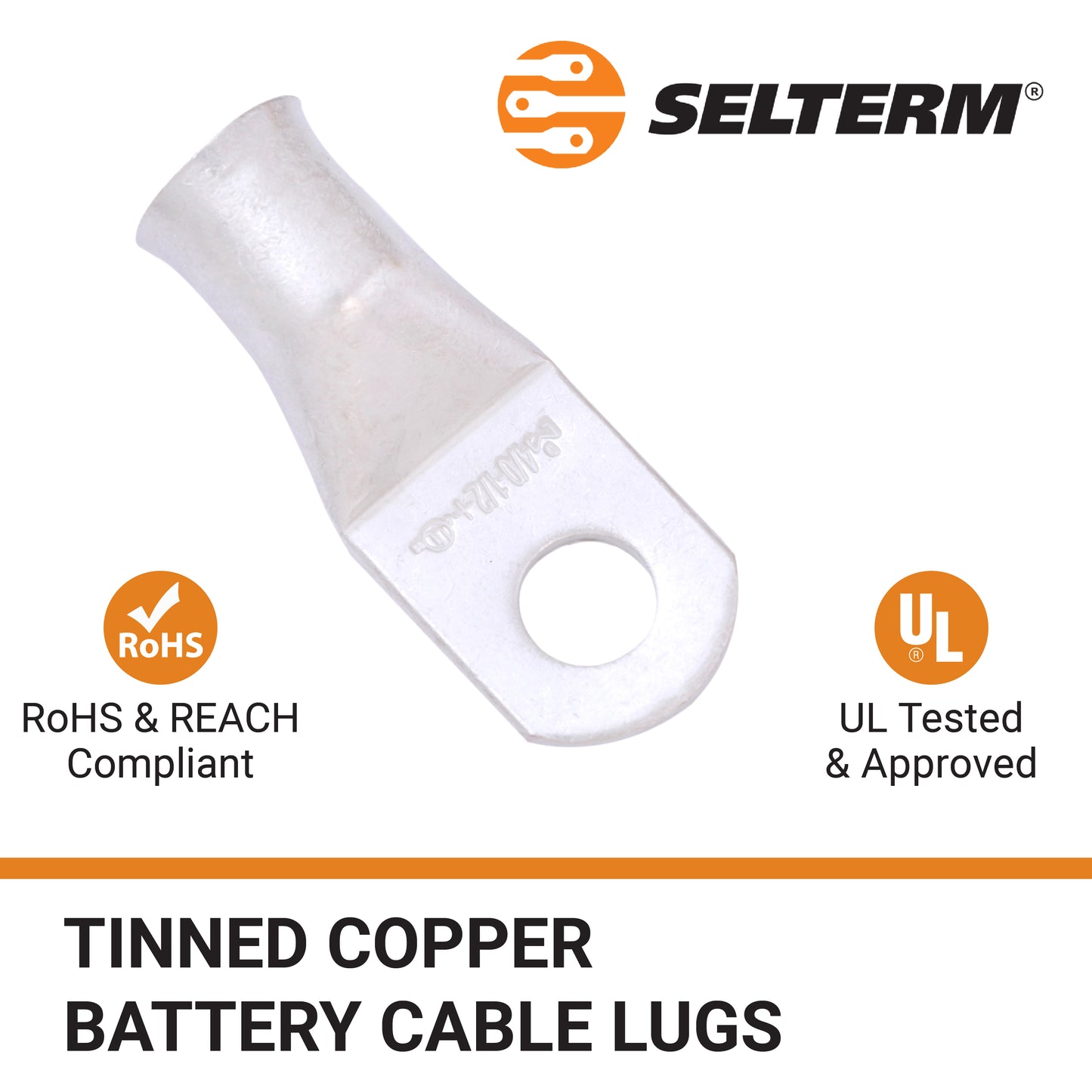 4/0 AWG (0000 Gauge) (XL), 1/2" Stud, Tinned Copper Battery Cable Ends, Wire Lugs, Marine Grade, MD4012PXL