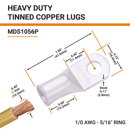 1/0 AWG (0 Gauge) 5/16" Stud, Tinned Copper Battery Cable Ends, Wire Lugs, Marine Grade, MD1056P