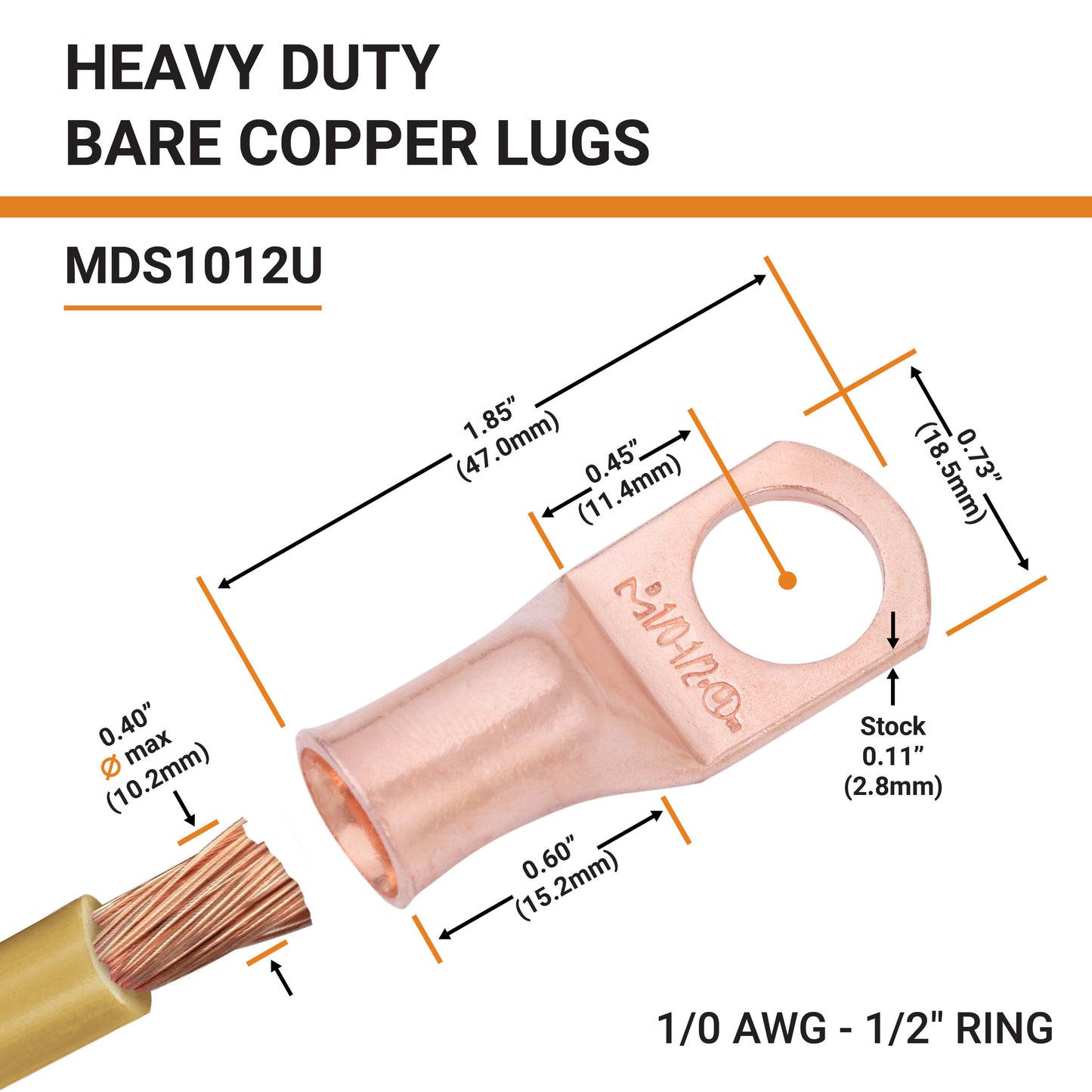 1/0 AWG (0 Gauge) 1/2" Stud, Bare Copper Battery Cable Ends, Wire Lugs, Heavy Duty, MD1012U