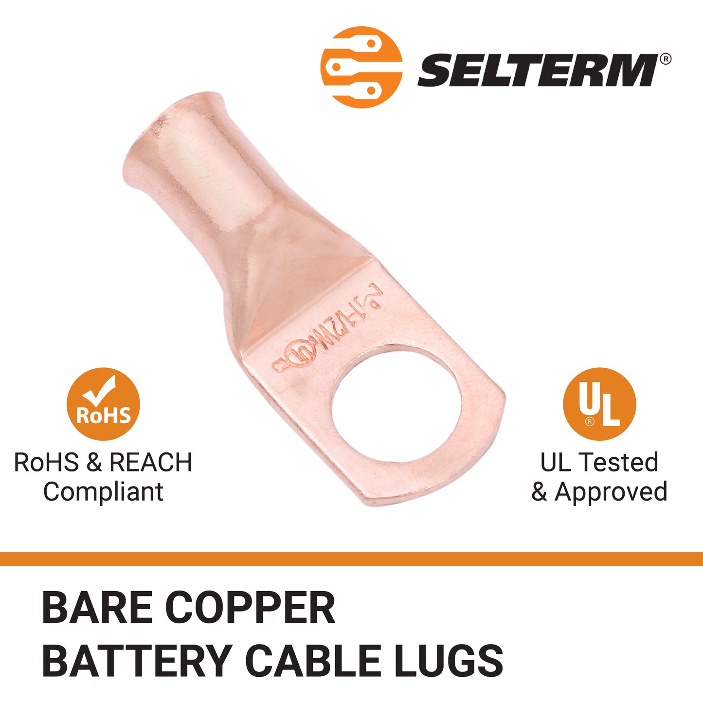1AWG (1 Gauge) 1/2" Stud, Bare Copper Battery Cable Ends, Wire Lugs, Heavy Duty, MD0112UW