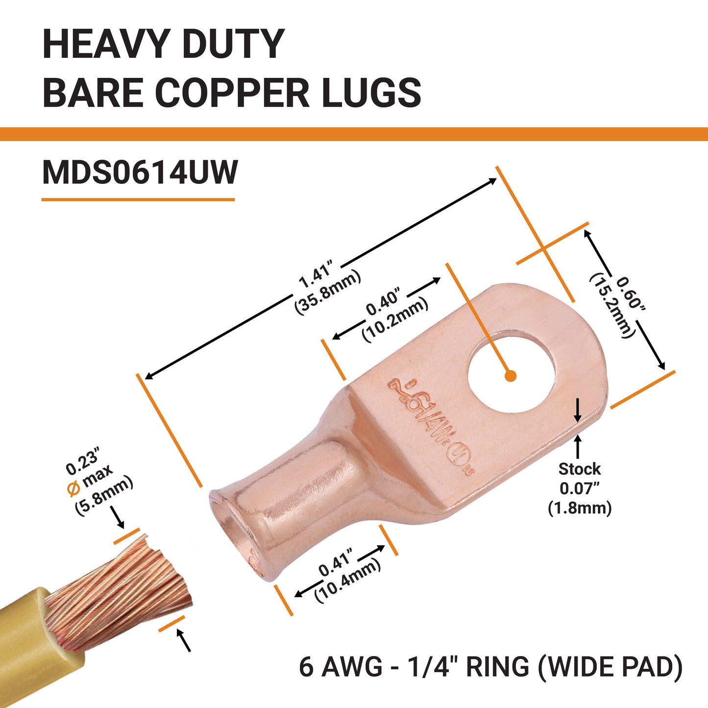 6 AWG (6 Gauge) 1/4" Stud, (Wide Pad) Bare Copper Battery Cable Ends, Wire Lugs, Heavy Duty, MD0614UW