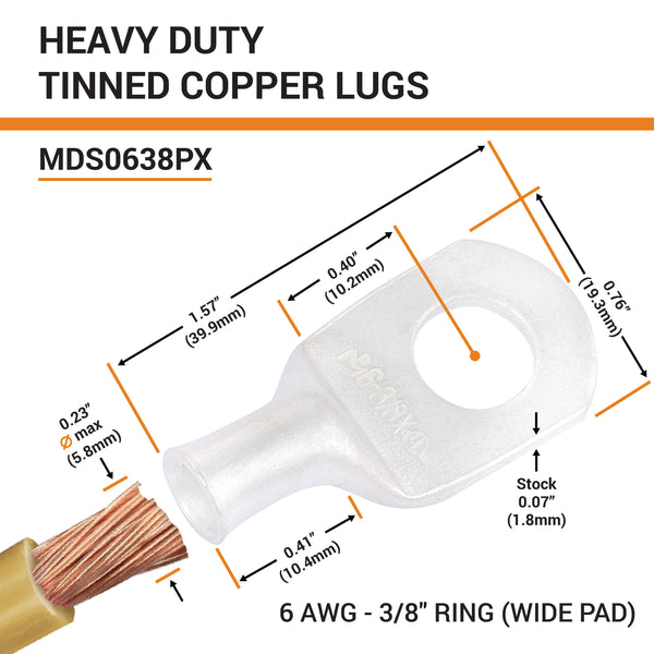 6 AWG, 3/8" Stud, (Wide Pad) Tinned Copper Battery Cable Ends, Wire Lugs, Marine Grade, MD0638PX - 2