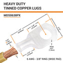 6 AWG, 3/8" Stud, (Wide Pad) Tinned Copper Battery Cable Ends, Wire Lugs, Marine Grade, MD0638PX - 2