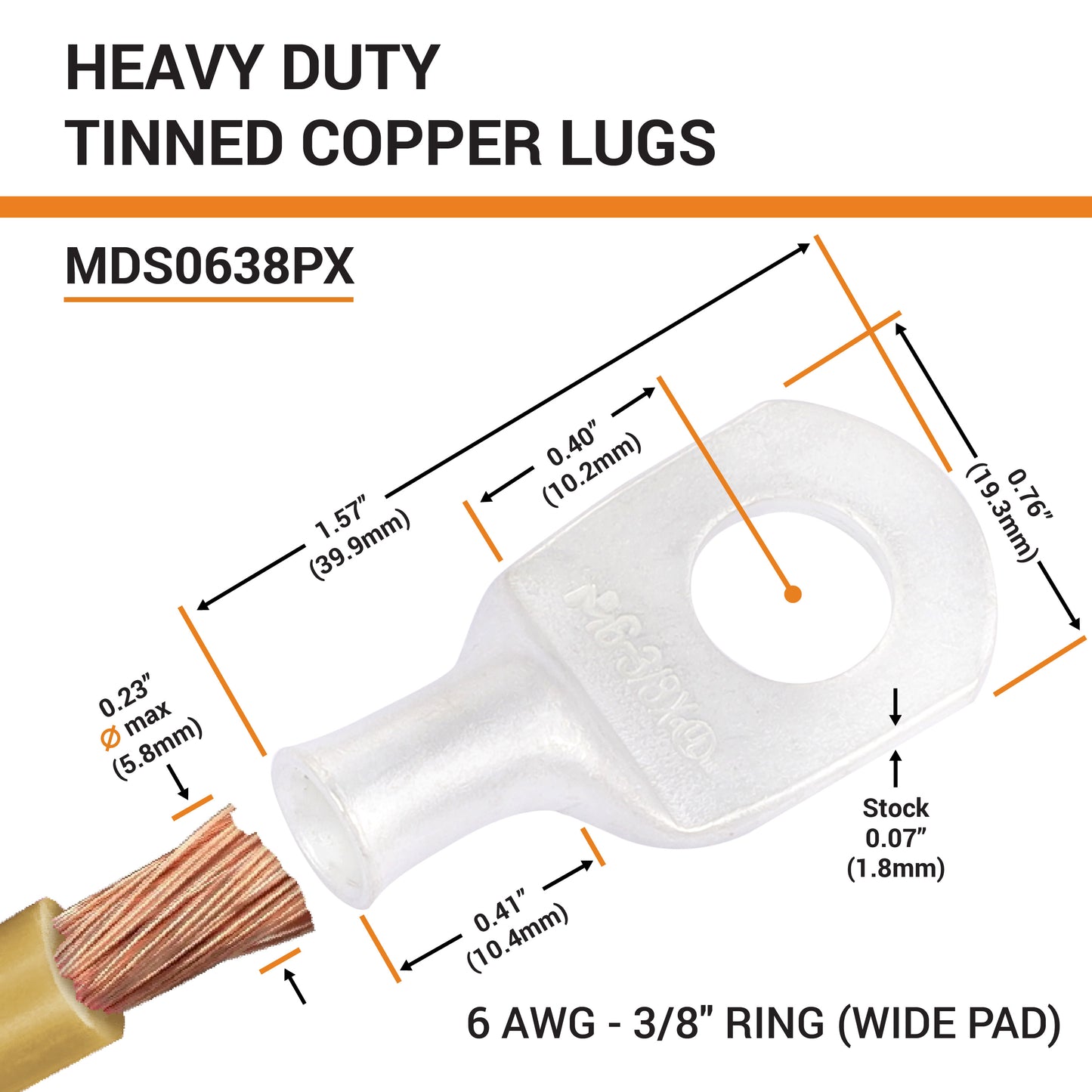 6 AWG (6 Gauge) 3/8" Stud, (Wide Pad) Tinned Copper Battery Cable Ends, Wire Lugs, Marine Grade, MD0638PX