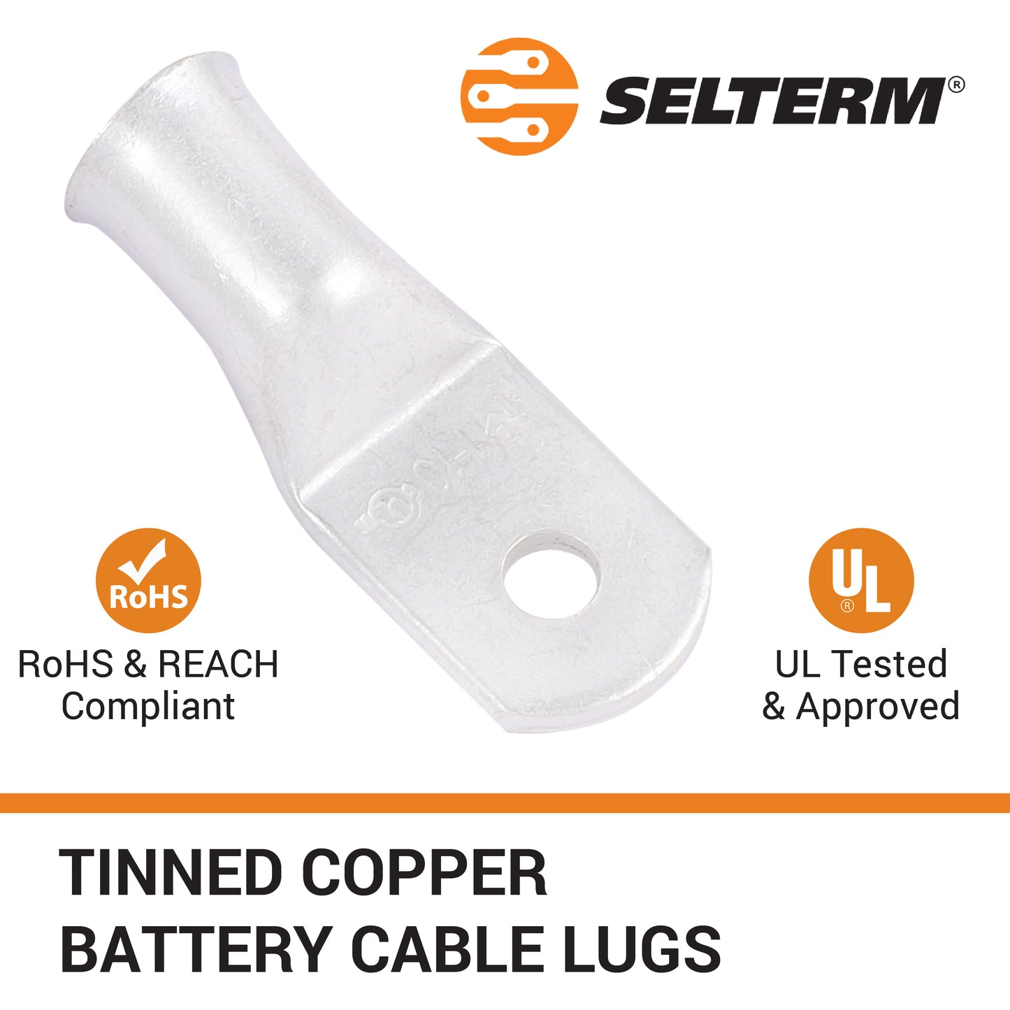 1AWG (1 Gauge) #10 Stud, Tinned Copper Battery Cable Ends, Wire Lugs, Marine Grade, MD0110P