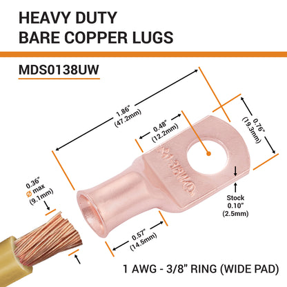 1AWG (1 Gauge) 3/8" Stud, (Wide Pad) Bare Copper Battery Cable Ends, Wire Lugs, Heavy Duty, MD0138UW