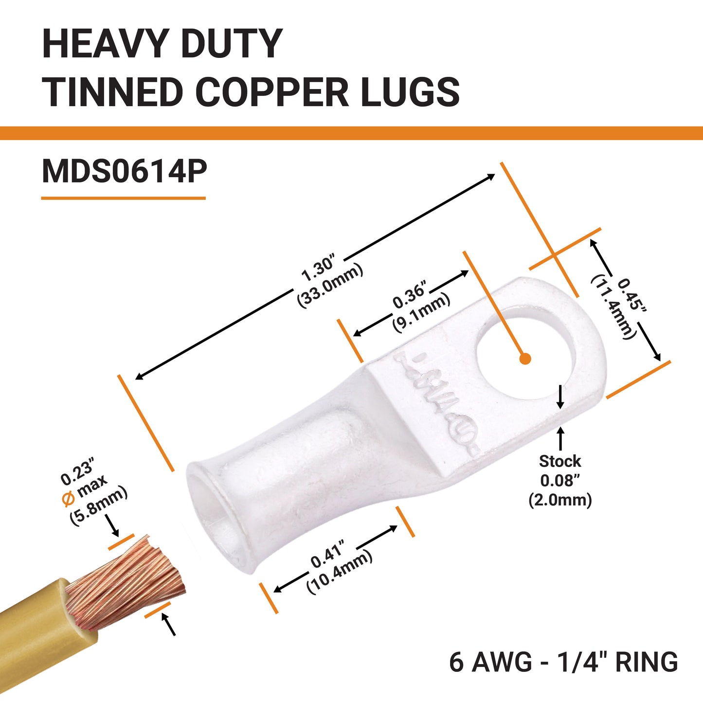 6 AWG (6 Gauge) 1/4" Stud, Tinned Copper Battery Cable Ends, Wire Lugs, Marine Grade, MD0614P