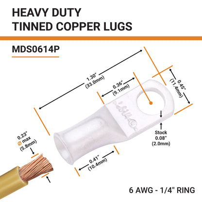 6 AWG (6 Gauge) 1/4" Stud, Tinned Copper Battery Cable Ends, Wire Lugs, Marine Grade, MD0614P