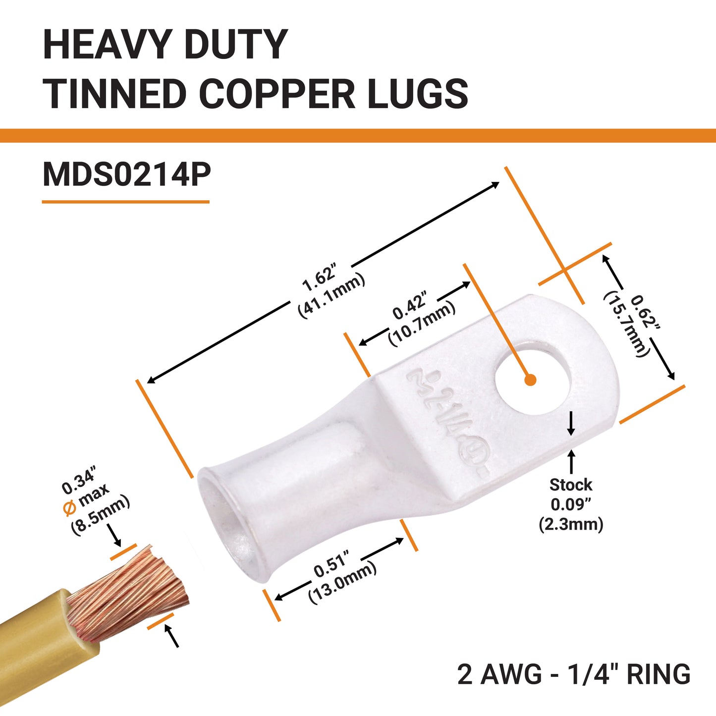 2 AWG (2 Gauge) 1/4" Stud, Tinned Copper Battery Cable Ends, Wire Lugs, Marine Grade, MD0214P