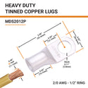 2/0 AWG, 1/2" Stud, Tinned Copper Battery Cable Ends, Wire Lugs, Marine Grade, MD2012P - 2